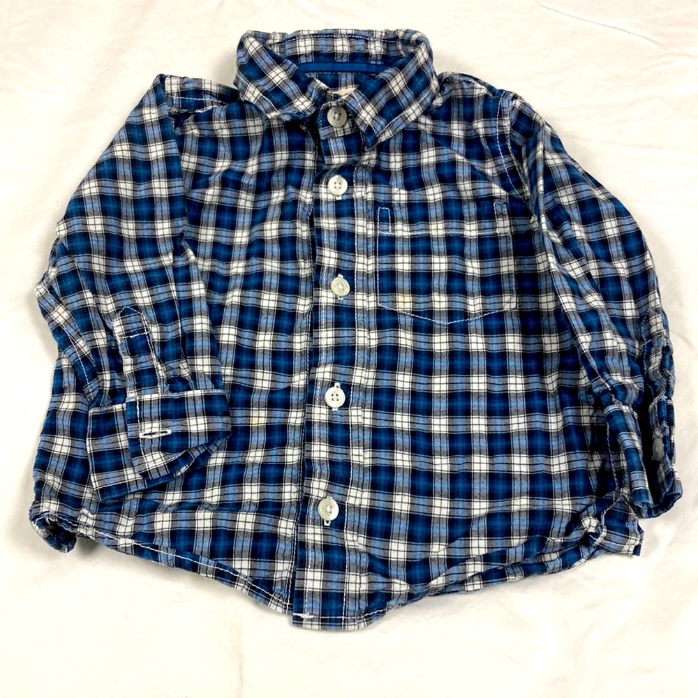 Old Navy boys long sleeve button down blue checkered shirt size 18 to 24 m